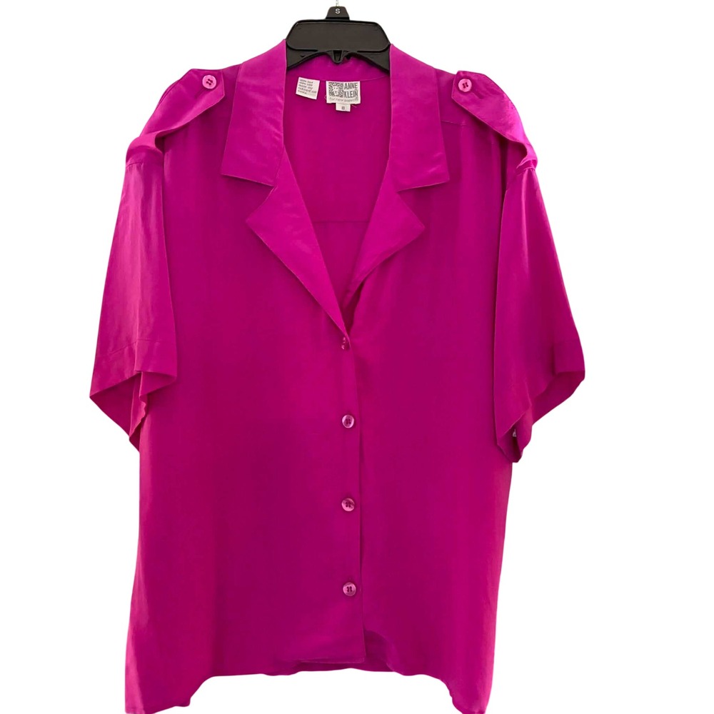 Anne Klein Silk Blouse Womens 8 Pink Epaulette Short Sleeve Button Up Quiet